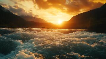 Golden Sunset Over Wavy River Flowing Through Mountain Landscape Casting Warm Reflection on Surface in Vivid Lighting photo