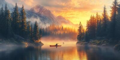 Golden Sunset Over a Misty Lake with Mountains and Forest and Two People in Canoe on Calm Water Reflecting a Warm Light photo
