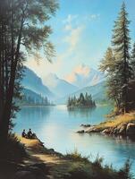 Idyllic Lake Landscape with Mountains Reflections and Forest in Sunlight with Couple Sitting Near Lake and Rocks photo