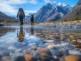 Hikers Cross Rocky Riverbed with Backpacks in Scenic Mountain Valley Under Bright Blue Sky During Sunny Day photo