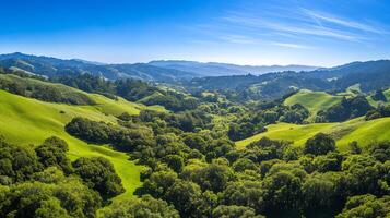 Aerial View of Lush Green Valley and Rolling Hills Under a Bright Blue Sky photo