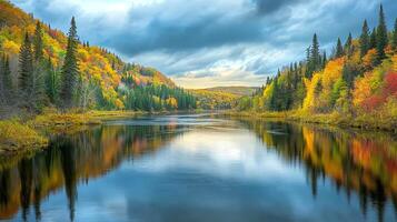 Scenic Autumn Landscape Featuring a River Reflecting Trees with Colorful Foliage Under a Cloudy Sky in Daytime photo