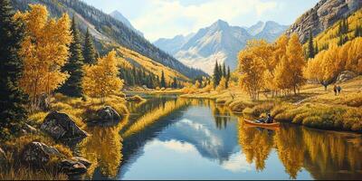 Scenic Autumn Landscape with Golden Trees Reflecting in a Calm River Surrounded by Mountains and a Rowboat on a Bright Sunny Day photo
