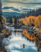 Scenic Autumn River Landscape with Kayaks and Golden Trees Reflecting in Water Under Cloudy Sky in Daylight photo