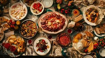 Festive Feast. A Table Laden With Traditional Holiday Dishes And Decorations. photo