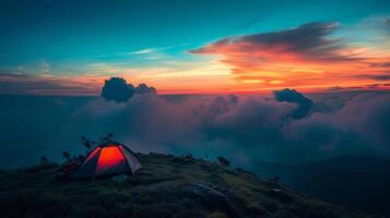 A Hiker's Dream. Dramatic Skies And Camping On The Mountain's Edge. photo