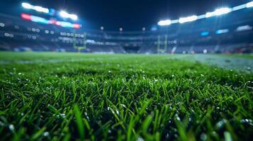Evening Dew on Stadium Turf Under Bright Floodlights. photo