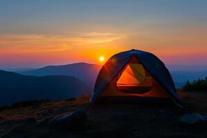 Sunset Serenity Atop The Mountain With A Perfectly Placed Tent. photo