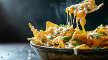 Irresistible Nachos Topped With Melting Cheese And Fresh Herbs. photo
