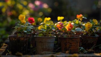 Nature's Palette In Pots. A Close-Up Of Blossoming Flowers At Dusk. photo