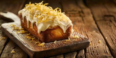 Homemade Citrus Pound Cake Topped With Zesty Lemon Icing And Shavings. photo