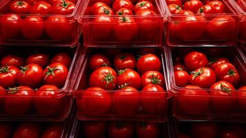 Bright Juicy Tomatoes Sorted In Plastic Bins Ready For Market. photo