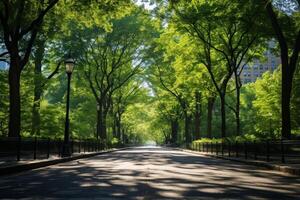 Serene Tree-Lined Avenue In The Heart Of The City With Soft Morning Light. photo