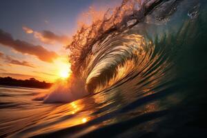 Sunset Silhouette Of A Cresting Wave Against A Vibrant Sky. photo