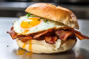 Gourmet Breakfast Sandwich with Crispy Bacon and Fried Egg. photo