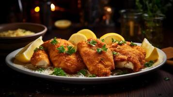 Spanish Breaded Chicken With Parmesan Fillets And Lemon Slices Presentation. photo