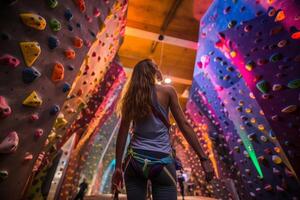 Aspiring Climber Poised For Ascent In A Vibrant Indoor Rock Climbing Arena. photo