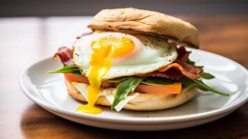 Delicious Bacon And Egg Breakfast Burger With Fresh Lettuce And Tomato. photo