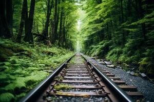 Railway Tracks Winding Through a Lush Green Forest. photo