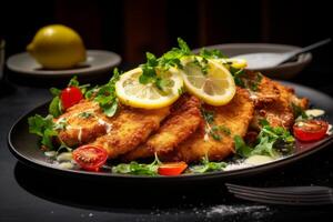 Savory Fried Chicken Fillets Served with Citrus and Salad Garnish. photo