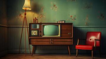 Retro Living Room Scene With Vintage Television Set And Classic Red Armchair. photo