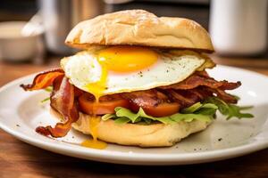 Gourmet Breakfast Sandwich With Crispy Bacon, Fresh Tomato, Arugula, And Fried Egg. photo