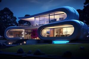Modern Futuristic Home with Curved Architecture at Night. photo