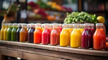 Variety Of Cold-Pressed Juices Organized For Sale. Refreshing Natural Drink Options. photo