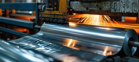 Industrial Worker Operating Aluminum Sheet Rolling Machine with Sparks in Factory Setting photo