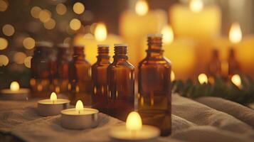 Aromatherapy Essential Oils with Soft Lit Candles Relaxing, Calming Spa Setting for Well-being photo
