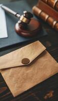 Legal Document Enclosed with Security Seal on Lawyers Desk for Professional Use photo