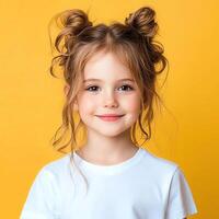 Cute young girl with playful hairstyle smiling against a vibrant yellow background, wearing a simple white t-shirt. Captures innocence and joy in a lively portrait setting. photo