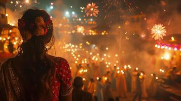 A woman in a red dress is looking at a crowd of people with lit candles photo