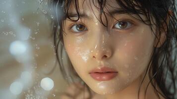 A woman with wet hair and a face covered in water photo