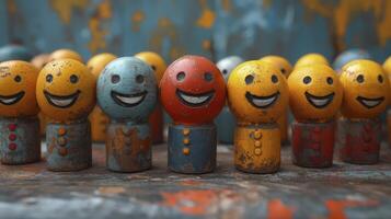 A row of colorful wooden figurines with smiling faces photo