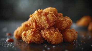 A pile of fried chicken nuggets on a table photo