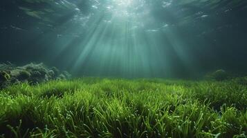 A grassy field under the ocean with sunlight shining through photo