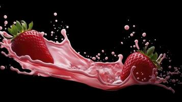 Strawberry splash with pink liquid on black background photo