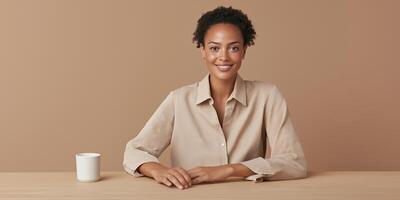 A confident person sitting at a table with a cup, wearing a beige shirt, smiling warmly. The background is a plain, neutral color, adding a sense of calm and focus. photo