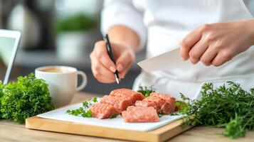 A chef preparing fresh salmon fillets with herbs on a wooden table, featuring a cup of coffee in the background, in a bright kitchen setting. photo