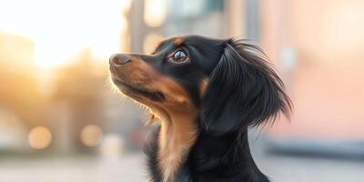 A close-up of a long-haired brown and black dog gazing upwards with a warm sunset glow in the background. The image captures the dog's expressive eyes and elegant fur. photo