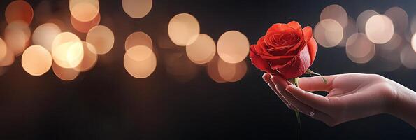 A delicate hand gently holds a vibrant red rose against a backdrop of warm, glowing bokeh lights, creating a romantic and elegant atmosphere. photo