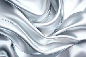 A close-up image of smooth, flowing silver silk fabric, showcasing its elegant, glossy texture and light-reflective qualities. Ideal for backgrounds or textile projects. photo