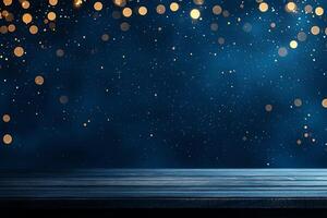 A captivating abstract blue background with golden bokeh lights creating a festive and magical atmosphere. Ideal for creative design projects, events, and celebratory settings. photo