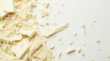A charming cluster of white chocolate chunks on a spotless white base photo
