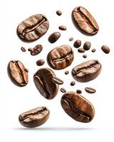 A collection of various roasted coffee beans arranged dynamically, capturing the rich color and texture of each bean against a clean white background. photo
