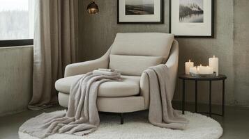 Relaxing Cozy Chair with Soft Blanket and Candles photo