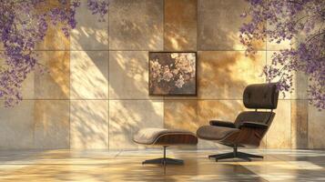 Relaxing Lounge Chair with Flower Artwork and Tile Wall photo