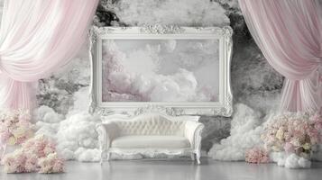 Elegant White Sofa in Romantic Cloud Setting with Ornate Frame photo