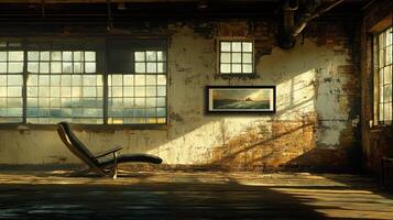 Rustic Loft Interior Design with Recliner and Framed Artwork photo